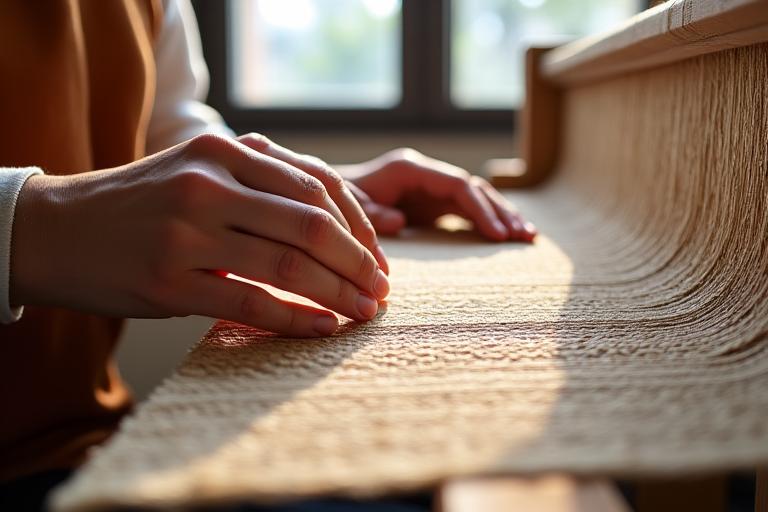 Artigiani al lavoro in un laboratorio tessile fiorentino, luce naturale