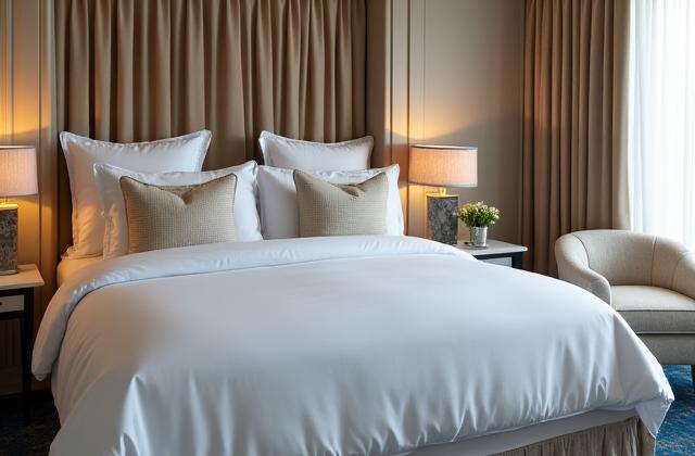 Elegante ambiente di hotel, con biancheria da letto di lusso in tessuti chiari e cuscini decorativi